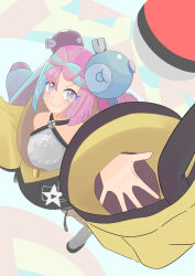 Rule 34 | 1girl, breasts, character hair ornament, creatures (company), game freak, gen 1 pokemon, grey pantyhose, hair ornament, hexagon print, highres, iono (pokemon), jacket, magnemite, multicolored hair, nintendo, oversized clothes, pantyhose, pink eyes, pokemon, pokemon sv, rein-j, sharp teeth, single leg pantyhose, small breasts, smile, split-color hair, teeth, two-tone hair, very long sleeves, x, yellow jacket