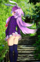 Rule 34 | 1girl, animal ears, ass, blazer, clothes lift, day, highres, jacket, lifted by self, long hair, long sleeves, looking at viewer, miniskirt, necktie, no panties, osaname riku, outdoors, pink skirt, profile, purple hair, rabbit ears, rabbit girl, rabbit tail, red eyes, red necktie, reisen udongein inaba, skirt, skirt lift, solo, stairs, tail, thighhighs, touhou