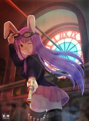 Rule 34 | 1girl, aiming, aiming at viewer, animal ears, back, black thighhighs, blazer, blush, breasts, bullet, goggles, goggles on head, gun, highres, jacket, long hair, looking back, medium breasts, necktie, pleated skirt, purple hair, rabbit ears, red eyes, reisen udongein inaba, skirt, smile, stained glass, steampunk, thighhighs, touhou, usanekorin, weapon, zettai ryouiki