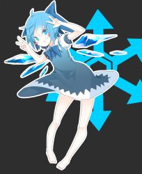 Rule 34 | 1girl, akimaki yuu, barefoot, black background, blue dress, blue eyes, blue hair, blush, blush stickers, cirno, double v, dress, full body, grin, hair ribbon, highres, ice, ice wings, matching hair/eyes, pigeon-toed, puffy sleeves, ribbon, short hair, short sleeves, smile, solo, touhou, v, wings