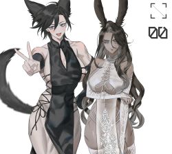 Rule 34 | 2girls, absurdres, animal ears, warrior of light (ff14), bad id, bad pixiv id, bare shoulders, black gloves, black hair, black ribbon, blue eyes, blush, breasts, bridal gauntlets, china dress, chinese clothes, cleavage, cleavage cutout, closed mouth, clothing cutout, collarbone, covered navel, dark-skinned female, dark skin, dress, elbow gloves, eyelashes, eyes visible through hair, facial scar, final fantasy, final fantasy xiv, fingerless gloves, gloves, hair between eyes, half-closed eyes, hand on own hip, highres, large breasts, long eyelashes, long hair, looking at viewer, looking away, medium hair, mell (dmwe3537), mole, mole on breast, mole under mouth, multiple girls, open mouth, original, panties, rabbit ears, ribbon, scar, scar on arm, scar on breasts, scar on cheek, scar on face, scar on leg, scar on mouth, scar on stomach, see-through, simple background, skindentation, smile, tail, thighhighs, toned, tongue, turtleneck, underwear, v, viera, white background, white eyes, white legwear, white panties