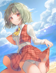 Rule 34 | 1girl, ascot, beach, blue sky, breasts, cameltoe, cha chya, clothes lift, cloud, commentary, cowboy shot, day, dutch angle, frilled ascot, frills, gluteal fold, green hair, highres, kazami yuuka, lens flare, lifting own clothes, long sleeves, looking at viewer, medium breasts, miniskirt, ocean, outdoors, panties, pantyshot, plaid, plaid skirt, plaid vest, red eyes, red skirt, red vest, shirt, short hair, skirt, skirt lift, skirt set, sky, smile, solo, standing, thighs, touhou, underwear, vest, water, white panties, white shirt, yellow ascot