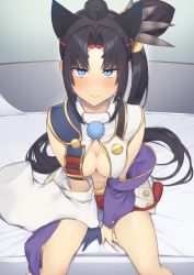 Rule 34 | 1girl, black hair, black hat, blue eyes, blush, breast curtains, breasts, commentary request, detached sleeves, fate/grand order, fate (series), hat, long hair, looking at viewer, medium breasts, navel, on bed, parted bangs, pinta (ayashii bochi), side ponytail, sitting, smile, solo, stomach, sweat, thighs, ushiwakamaru (fate), v arms, very long hair, wide sleeves