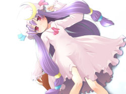 Rule 34 | 1girl, blush, bonnet, covered erect nipples, dress, female focus, flat chest, gradient background, hat, long hair, moon, patchouli knowledge, purple eyes, purple hair, solo, touhou, twintails, vanity doll, very long hair