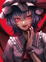 Rule 34 | 1girl, bat wings, blue hair, breasts, brooch, commentary request, fangs, fangs out, frilled shirt collar, frills, hair between eyes, hand up, hat, highres, jewelry, looking at viewer, mamiru (42105269), mob cap, nail polish, red background, red eyes, red nails, remilia scarlet, scot, short hair, simple background, small breasts, solo, touhou, upper body, vampire, wings