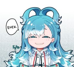 Rule 34 | 1girl, anya&#039;s heh face (meme), anya (spy x family), asymmetrical bangs, blue eyes, blue hair, commentary, drawstring, earrings, grin, highres, hololive, hololive indonesia, hood, hoodie, jacket, jewelry, kobo kanaeru, kuroqueta, long hair, long sleeves, looking at viewer, meme, multicolored hair, parted lips, simple background, smile, solo, speech bubble, spy x family, stud earrings, two-tone hair, upper body, virtual youtuber, white background, white hair