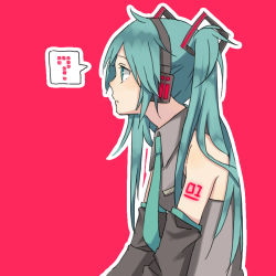 Rule 34 | 1girl, ?, aqua eyes, aqua hair, bad id, bad pixiv id, detached sleeves, hatsune miku, headphones, io (sinking=carousel), long hair, lowres, necktie, pink background, profile, simple background, solo, twintails, vocaloid, yoo