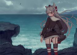 Rule 34 | 10s, 1girl, amatsukaze (kancolle), bird, black panties, blush, brown eyes, cliff, cloud, day, dress, garter straps, hair tubes, hairband, highres, kantai collection, kitada mo, long hair, looking at viewer, looking back, ocean, panties, pantyshot, sailor dress, short dress, silver hair, solo, standing, striped clothes, striped thighhighs, thighhighs, two side up, underwear
