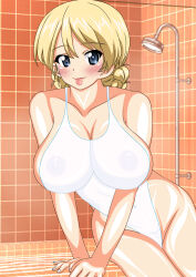 Rule 34 | 1girl, absurdres, arm support, blonde hair, blue eyes, blush, braid, breasts, covered erect nipples, darjeeling (girls und panzer), girls und panzer, highres, large breasts, looking at viewer, mevius9, one-piece swimsuit, sauna, short hair, solo, swimsuit, tongue, tongue out