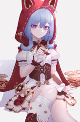 Rule 34 | 1girl, ahoge, animal ear hood, asymmetrical footwear, bandaged leg, bandages, blue hair, capelet, closed mouth, dress, drop shadow, eun (eunice), fake animal ears, feet out of frame, frilled sleeves, frills, griseo, griseo (starry impression), hair between eyes, hand up, highres, holding, holding paintbrush, hood, layered dress, little red riding hood, looking at viewer, official alternate costume, paintbrush, purple eyes, red capelet, red hood, sitting, solo, white background, white dress, wrist cuffs