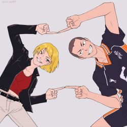 Rule 34 | 1boy, 1girl, age difference, belt, belt buckle, blonde hair, breasts, brother and sister, buckle, denim, grin, haikyuu!!, jacket, jeans, leather, leather jacket, long sleeves, open clothes, open jacket, pants, red shirt, shirt, short hair, siblings, simple background, sin sa999, smile, sportswear, tanaka ryuunosuke, tanaka saeko (haikyuu!!), volleyball uniform