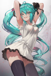 Rule 34 | 1girl, ahoge, armpits, arms behind head, arms up, black ribbon, black thighhighs, blue eyes, blue hair, breasts, commentary request, cowboy shot, dancing, dress, eyes visible through hair, grin, hair between eyes, hair ribbon, hatsune miku, highres, long hair, looking at viewer, me!me!me!, me!me!me! dance (meme), medium breasts, meme, resolution mismatch, ribbon, sleeveless, sleeveless dress, smile, solo, source smaller, standing, supreme (module), thighhighs, torriet, twintails, very long hair, vocaloid, white dress, world is mine (vocaloid)