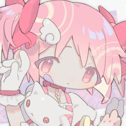 Rule 34 | 1girl, 1other, :3, absurdres, bandaid, bandaid on face, bow, center frills, chibi, choker, dot nose, frills, gloves, hair bow, hands up, highres, kaname madoka, kyubey, looking at viewer, mahou shoujo madoka magica, parted lips, pink eyes, pink hair, puffy short sleeves, puffy sleeves, red bow, red eyes, red ribbon, ribbon, ribbon choker, short sleeves, short twintails, solo focus, soul gem, sparkling eyes, tendoshi, twintails, twitter username, white fur, white gloves, wing hair ornament