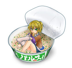 Rule 34 | 1girl, arm warmers, blonde hair, blush, cup ramen, food, from above, green eyes, in container, in food, instant soba, looking at viewer, maruchan midori no tanuki tensoba, mini person, minigirl, mizuhashi parsee, monrooru, mouth hold, partially submerged, ponytail, short hair, sitting, solo, touhou