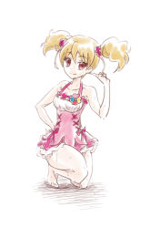 Rule 34 | 1girl, adapted costume, barefoot, blonde hair, casual one-piece swimsuit, closed mouth, collarbone, cosplay, cure peach, cure peach (cosplay), floating hair, full body, hair between eyes, hair ornament, hair scrunchie, hand on own hip, index finger raised, long hair, looking at viewer, momozono love, one-piece swimsuit, on one knee, pink scrunchie, red eyes, ribbon trim, scrunchie, simple background, sketch, sleeveless, smile, solo, swimsuit, twintails, white background