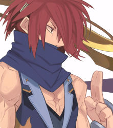 Rule 34 | 10s, 1boy, arm guards, bare shoulders, colored eyelashes, covered mouth, from side, gunslinger stratos, hair ornament, hair over one eye, hairpin, kuji-in, kusakage ryo, kusakage ryou, looking to the side, male focus, ninja, pectorals, profile, red eyes, red hair, scarf, scarf over mouth, serious, short hair, simple background, solo, toned, vest, white background, yuuki (irodo rhythm)