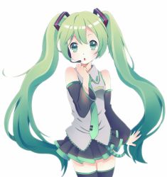 Rule 34 | 1girl, bad id, bad pixiv id, detached sleeves, green eyes, green hair, hatsune miku, headset, highres, long hair, matching hair/eyes, mokoko, necktie, skirt, solo, thighhighs, twintails, very long hair, vocaloid, white background