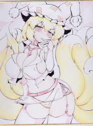 Rule 34 | 1girl, alternate costume, between breasts, blonde hair, blush, breasts, brown eyes, cleavage, clothes between breasts, colored pencil (medium), colorized, covered erect nipples, female focus, female pubic hair, fox tail, garter belt, garter straps, hat, large breasts, monochrome, multiple tails, navel, necktie, okiraku nikku, panties, pubic hair, red eyes, revealing clothes, shikishi, short hair, solo, string panties, tail, thighhighs, touhou, traditional media, underwear, yakumo ran