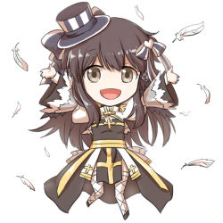 Rule 34 | 1girl, :d, arch bishop (ragnarok online), arms up, black bow, black footwear, black hat, bow, breasts, brown eyes, brown hair, chibi, cleavage cutout, clothing cutout, commentary request, cross, dress, feathers, fishnet thighhighs, fishnets, full body, hair bow, hat, heart, juliet sleeves, long hair, long sleeves, looking at viewer, medium breasts, natsuya (kuttuki), open mouth, puffy sleeves, ragnarok online, sash, shoes, simple background, smile, solo, striped bow, striped clothes, striped headwear, thighhighs, top hat, two-tone dress, white background, white bow, white dress, white feathers, white hat, white thighhighs, yellow sash