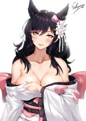 Rule 34 | 1girl, animal ears, artist name, atago (azur lane), atago (hallmarks of winter) (azur lane), azur lane, bare shoulders, black hair, blush, breasts, cleavage, closed mouth, collarbone, flower, frilled sleeves, frills, hair flower, hair ornament, japanese clothes, kimono, large breasts, lips, long hair, looking at viewer, mole, mole under eye, nail polish, obi, off shoulder, open clothes, open kimono, orange eyes, sakiyamama, sash, simple background, solo, upper body, white background, white kimono, white sleeves