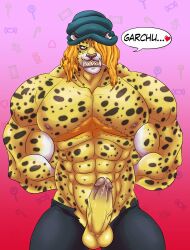 Rule 34 | 1boy, abs, blonde hair, cheetah, cigarette, erection, furry, furry male, highres, jabuhusky, looking at viewer, male focus, muscular, muscular arms, muscular male, one piece, pectorals, pedro (one piece), precum, smoke, solo, veins
