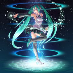 Rule 34 | 1girl, aqua eyes, aqua hair, detached sleeves, full body, hatsune miku, henshin, long hair, nail polish, necktie, open mouth, outstretched hand, pointing, skirt, smile, solo, standing, standing on one leg, thighhighs, twintails, very long hair, vocaloid, wokada, zettai ryouiki