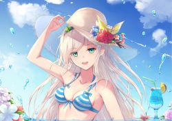 1girl adjusting_clothes adjusting_headwear aqua_eyes arm_up bikini blush breasts cleavage collarbone cup drinking_glass drinking_straw female_focus fuuro_(johnsonwade) hairband hat long_hair looking_at_viewer medium_breasts open_mouth original silver_hair smile solo swimsuit teeth upper_body water_drop