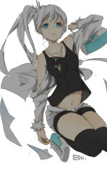 Rule 34 | 1girl, blue eyes, cropped jacket, esu (transc), jewelry, long hair, long sleeves, pendant, ponytail, rwby, scar, scar across eye, scar on face, side ponytail, solo, tank top, thighhighs, weiss schnee, white hair
