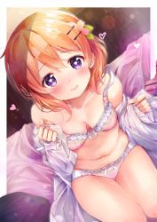 Rule 34 | 1girl, bad id, bad twitter id, bare legs, blush, bow, bow bra, bra, breasts, cleavage, collarbone, commentary request, flower, from above, gochuumon wa usagi desu ka?, hair ornament, hairclip, heart, heart-shaped pupils, hoto cocoa, lace, lace-trimmed bra, lace-trimmed panties, lace trim, looking at viewer, medium breasts, navel, orange hair, panties, pink bra, pink panties, purple eyes, rouka (akatyann), sitting, solo, stomach, strap slip, symbol-shaped pupils, underwear, underwear only