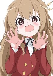 Rule 34 | 1girl, absurdres, aisaka taiga, blazer, blush, brown eyes, brown hair, buttons, claw pose, collared shirt, commentary request, double-breasted, fang, hair between eyes, highres, jacket, long hair, long sleeves, looking at viewer, neck ribbon, oohashi high school uniform, open mouth, partial commentary, red jacket, ribbon, school uniform, shirt, simple background, solo, toradora!, upper body, v-shaped eyebrows, white background, white gorilla (okamoto), white shirt