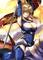 Rule 34 | 1girl, armpits, arms up, artoria pendragon (fate), artoria pendragon (lancer) (fate), blonde hair, braid, breasts, cape, cleavage, cleavage cutout, clothing cutout, crown, dun stallion (fate), fate/grand order, fate (series), flagpole, green eyes, highres, horse, karlwolf, large breasts, solo, thighhighs, zettai ryouiki