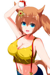 Rule 34 | 1girl, abs, animal ears, armpits, asymmetrical hair, bare arms, bare shoulders, blue eyes, blush, breasts, brown hair, closed mouth, collarbone, cosplay, cowboy shot, creatures (company), crop top, eyelashes, game freak, gen 1 pokemon, hair between eyes, hair ornament, hair tie, hands up, highres, horse ears, large breasts, long hair, looking at another, looking at viewer, midriff, misty (pokemon), misty (pokemon) (cosplay), navel, nintendo, open mouth, orange hair, pokemon, pokemon (anime), pokemon (classic anime), ponytail, shirt, short hair, side ponytail, simple background, skirt, sleeveless, sleeveless shirt, smile, solo, standing, star (symbol), star hair ornament, staryu, stomach, taiki shuttle (umamusume), tank top, thighs, tkka, umamusume, upper body, white background, white tank top, yellow shirt