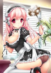 Rule 34 | 1girl, alternate costume, apron, bad id, bad pixiv id, blush, breasts, cleavage, duster, enmaided, feather duster, female focus, headphones, large breasts, long hair, looking at viewer, maid, maid apron, maid headdress, nitroplus, open mouth, p.kibi, panties, pink eyes, pink hair, solo, super sonico, thighhighs, underwear