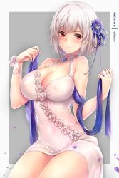 Rule 34 | 1girl, azur lane, bare arms, bare shoulders, blue flower, blue ribbon, blush, border, breasts, brooch, cleavage, closed mouth, collarbone, cowboy shot, dress, flower, grey background, hair flower, hair ornament, hair ribbon, hairband, halter dress, halterneck, hands up, holding, jewelry, large breasts, looking at viewer, patreon username, petals, red eyes, rei kun, ribbon, rose, short hair, sirius (azur lane), sirius (white rose) (azur lane), sitting, sleeveless, sleeveless dress, smile, solo, thighs, white border, white dress, white flower, white hair