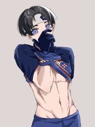 Rule 34 | 1boy, binonng, black hair, blue gloves, blue lock, blue pants, blue shirt, clothes lift, covering own mouth, gloves, guilty challenge (meme), hairband, hand over own mouth, hand under clothes, highres, male focus, meme, midriff, muscular, muscular male, navel, nijirou nanase, pants, purple eyes, shirt, shirt lift, solo, sportswear, stomach