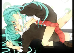 Rule 34 | 2girls, aqua eyes, aqua hair, bandages, bandaid, bandaid on face, bandaid on knee, bandaid on leg, clone, face-to-face, forehead-to-forehead, hatsune miku, heads together, kneeling, long hair, lying, multiple girls, on back, open mouth, pillarboxed, rolling girl (vocaloid), skirt, straddling, vocaloid, zaki127