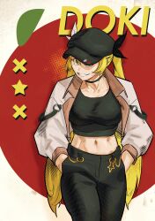 Rule 34 | abs, absurdres, arm strap, black choker, black pants, black shirt, blonde hair, blue eyes, breasts, cabbie hat, chain, character name, choker, coat, collarbone, commentary, cowboy shot, crop top, dokibird (vtuber), english commentary, gold chain, grin, gusbasil, hands in pockets, hat, highres, indie virtual youtuber, jacket, long hair, long sleeves, medium breasts, midriff, navel, open clothes, open coat, pants, popped collar, shirt, sidelocks, smile, spade (shape), star (symbol), tomato, twintails, very long hair, virtual youtuber, x