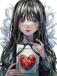 Rule 34 | black bow, black hair, blunt bangs, bow, crying, crying with eyes open, flower, framed image, heart, highres, long hair, looking at viewer, mole, mole under eye, mole under mouth, original, orokudesu, picture frame, red flower, red lips, solo, tears, tulip, upper body, wavy hair