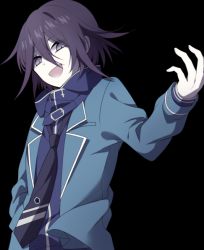Rule 34 | 1boy, :d, alternate costume, black background, black necktie, commentary request, cosplay, danganronpa (series), danganronpa v3: killing harmony, ensemble stars!, green jacket, hair between eyes, hand up, jacket, long sleeves, looking at viewer, male focus, necktie, oma kokichi, open clothes, open jacket, open mouth, pale skin, purple eyes, qiao xing, scarf, short hair, simple background, smile, solo, striped necktie, striped neckwear, tsukinaga leo, tsukinaga leo (cosplay), upper body