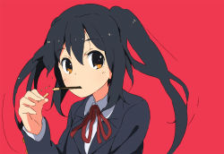 Rule 34 | black hair, brown eyes, food, k-on!, kitano yuusuke, long hair, mouth hold, nakano azusa, pocky, school uniform, solo, twintails