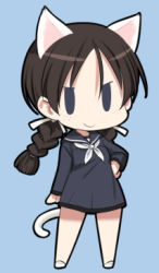 Rule 34 | 10s, 1girl, animal ears, bare legs, blue background, blue eyes, braid, brave witches, brown hair, cat ears, cat tail, chibi, freckles, lowres, misumi mia, misumi miya, school uniform, serafuku, shimada fumikane, simple background, solo, strike witches, tail, world witches series