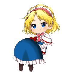 Rule 34 | 1girl, alice margatroid, ascot, black footwear, blonde hair, blue dress, blue eyes, boots, bow, capelet, chibi, commentary request, doll, dress, frilled ascot, frilled dress, frills, full body, hair bow, hairband, harukawa moe (style), highres, keiki8296, lolita hairband, long dress, long hair, long sleeves, mini person, minigirl, pink ascot, pink hairband, red bow, shanghai doll, short hair, solo, touhou