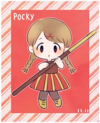 Rule 34 | ayu (mog), blush, boots, border, braid, brown eyes, brown footwear, brown hair, brown shirt, colored skin, dated, diagonal stripes, food, grey pantyhose, hair ornament, holding, looking at viewer, mini person, minigirl, original, pantyhose, parted lips, pocky, red background, red skin, shirt, standing, striped, transparent border, twin braids, x hair ornament