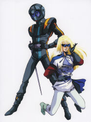Rule 34 | 1990s (style), 1boy, 1girl, blonde hair, boots, gigi andalusia, gloves, gundam, gundam hathaway&#039;s flash, hathaway noa, helmet, highres, key visual, kneeling, looking at viewer, mikimoto haruhiko, official art, pilot, pilot suit, promotional art, prototype design, retro artstyle, scan, science fiction, spacesuit, sunglasses, sword, traditional media, weapon