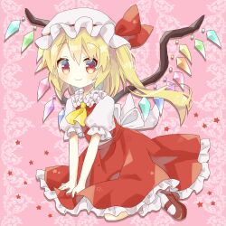 Rule 34 | 1girl, absurdres, ascot, blonde hair, bow, crystal wings, dress, flandre scarlet, frilled dress, frills, full body, hat, hat bow, highres, looking at viewer, mary janes, red eyes, shinomaru hajime, shoes, side ponytail, sitting, smile, socks, solo, touhou, wariza, white mob cap, yellow ascot