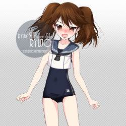 Rule 34 | 1girl, artist name, black one-piece swimsuit, black sailor collar, blue one-piece swimsuit, blue school swimsuit, blush, brown eyes, brown hair, character name, checkered background, clothes writing, collarbone, cosplay, cowboy shot, crop top, eyes visible through hair, flat chest, gradient background, grey background, hair between eyes, inaba shiki, japanese flag, kantai collection, long hair, looking at viewer, nose blush, old school swimsuit, one-piece swimsuit, open mouth, ro-500 (kancolle), ro-500 (kancolle) (cosplay), ryuujou (kancolle), sailor collar, school swimsuit, school uniform, serafuku, simple background, smile, solo, standing, striped clothes, striped one-piece swimsuit, swimsuit, swimsuit under clothes, twintails, vertical-striped clothes, vertical-striped one-piece swimsuit