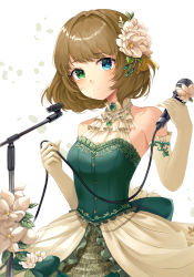 Rule 34 | 1girl, absurdres, bad id, bad pixiv id, bare shoulders, blue eyes, blush, breasts, brown hair, closed mouth, commentary request, cowboy shot, dress, elbow gloves, flower, gloves, green dress, green eyes, hair flower, hair ornament, heart, heterochromia, highres, holding, idolmaster, idolmaster cinderella girls, idolmaster cinderella girls starlight stage, looking at viewer, medium breasts, microphone, microphone stand, mole, mole under eye, petals, short hair, sleeveless, sleeveless dress, smile, solo, takagaki kaede, white background, white flower, zipgaemi