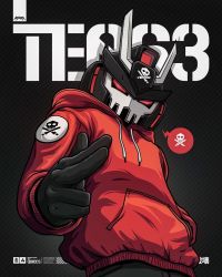 Rule 34 | 1boy, character name, clothed robot, commentary, english commentary, finger gun, hand in pocket, highres, hood, hoodie, ivan trabado, jolly roger, looking at viewer, looking down, male focus, no humans, original, red eyes, red hoodie, robot, second-party source, skull and crossed swords, solo, spoken skull, teq63, v-fin