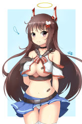 Rule 34 | !, 1girl, :3, alternate costume, bad id, bad pixiv id, bare shoulders, black gloves, blue skirt, blush, breasts, brown eyes, brown hair, caio duilio (warship girls r), character request, choker, cleavage, clothes lift, cowboy shot, gloves, hair ornament, halo, hand on own chest, headgear, highres, long hair, looking at viewer, midriff, miniskirt, navel, panties, pantyshot, pleated skirt, revealing clothes, skirt, skirt lift, smile, solo, thighhighs, underbust, underwear, warship girls r, white panties, white thighhighs, zhudacaimiao