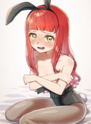 Rule 34 | 1girl, akagi anna, animal ears, bare shoulders, bed sheet, blunt bangs, blush, chitozen (pri zen), clothes down, collarbone, commentary, covering privates, covering breasts, crossed arms, embarrassed, fake animal ears, fake tail, fishnet pantyhose, fishnets, full-face blush, hair down, kiratto pri chan, leotard, looking at viewer, pantyhose, playboy bunny, pretty series, rabbit ears, red hair, simple background, sitting, solo, sweatdrop, symbol-only commentary, tail, tearing up, tears, topless, wariza, wavy mouth, white background, yellow eyes